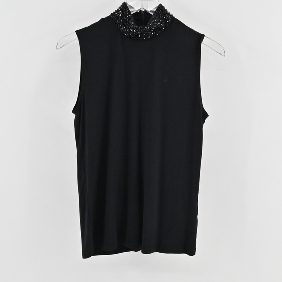 L'Agence Emily Embellished Mock Neck Top Size M Black Sleeveless Beaded Luxury